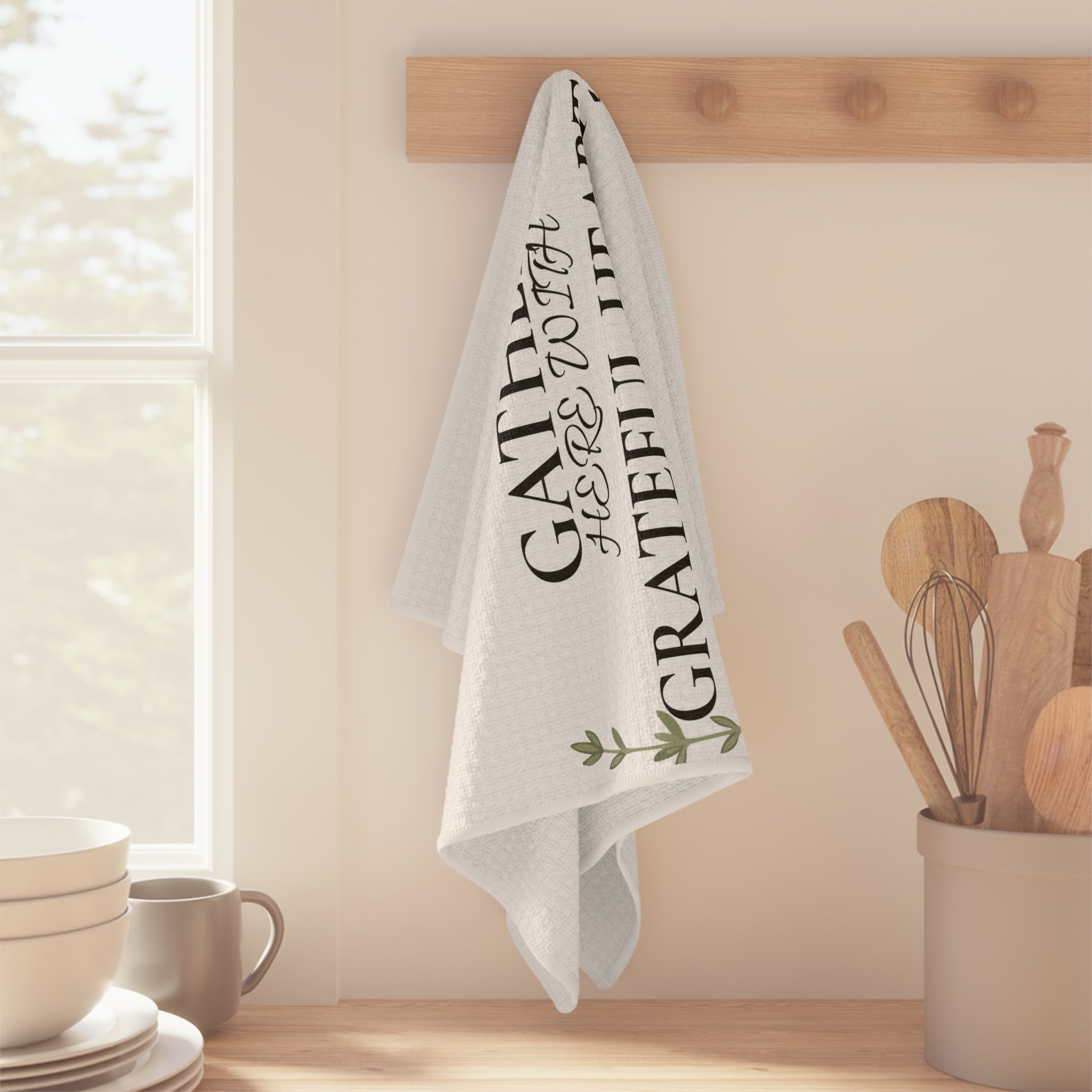 Gather Here With Grateful Hearts Tea Towel – Farmhouse Thanksgiving Kitchen Decor