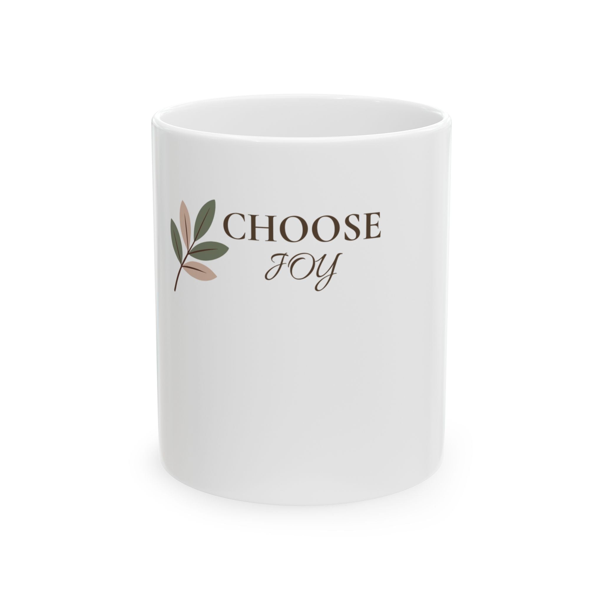 Choose Joy Ceramic Mug — Inspirational Coffee Cup with Minimal Leaf Design (11oz, 15oz)