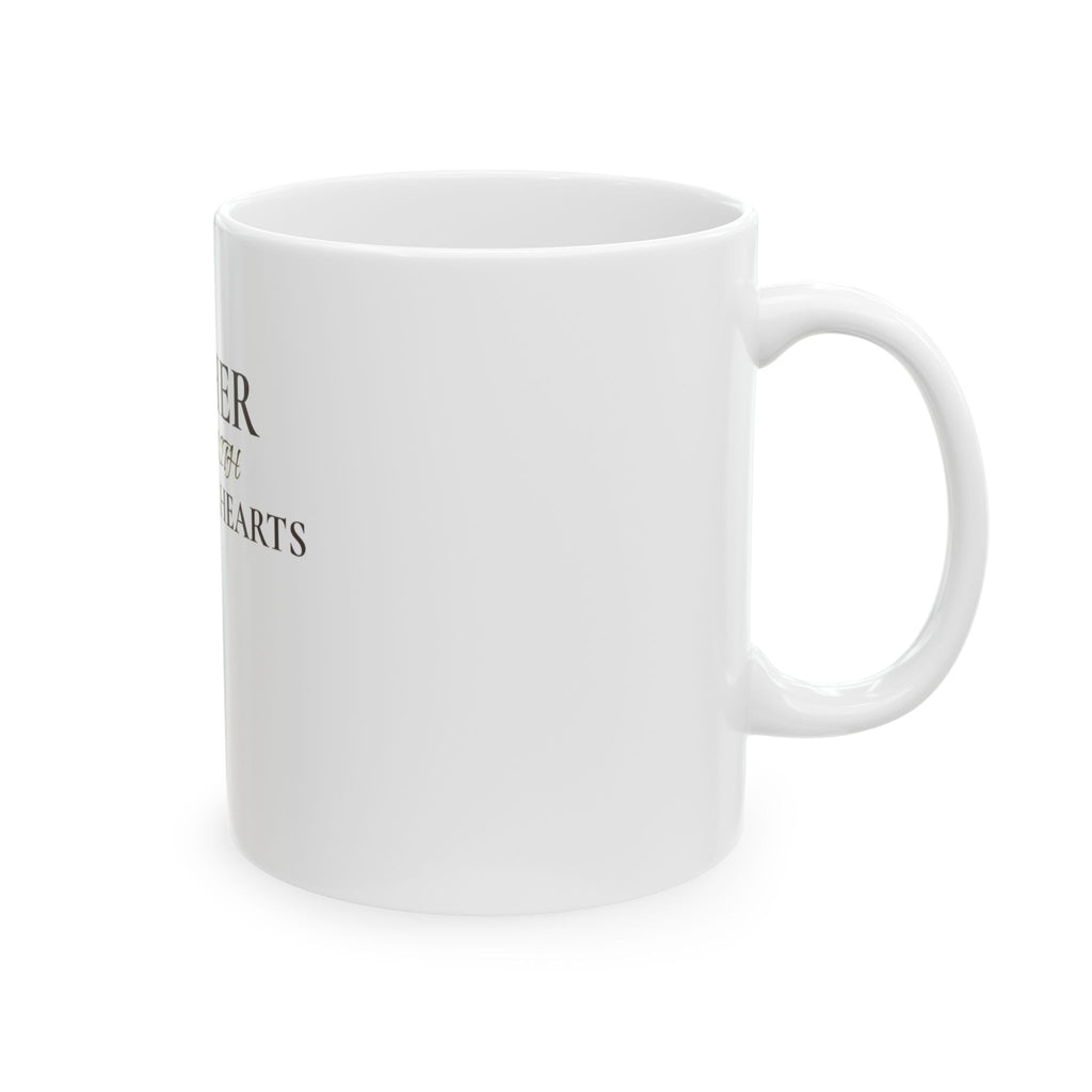 Gather Here With Grateful Hearts Ceramic Mug — Thanksgiving & Family Coffee Cup
