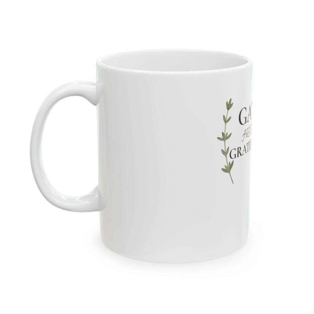 Gather Here With Grateful Hearts Ceramic Mug — Thanksgiving & Family Coffee Cup