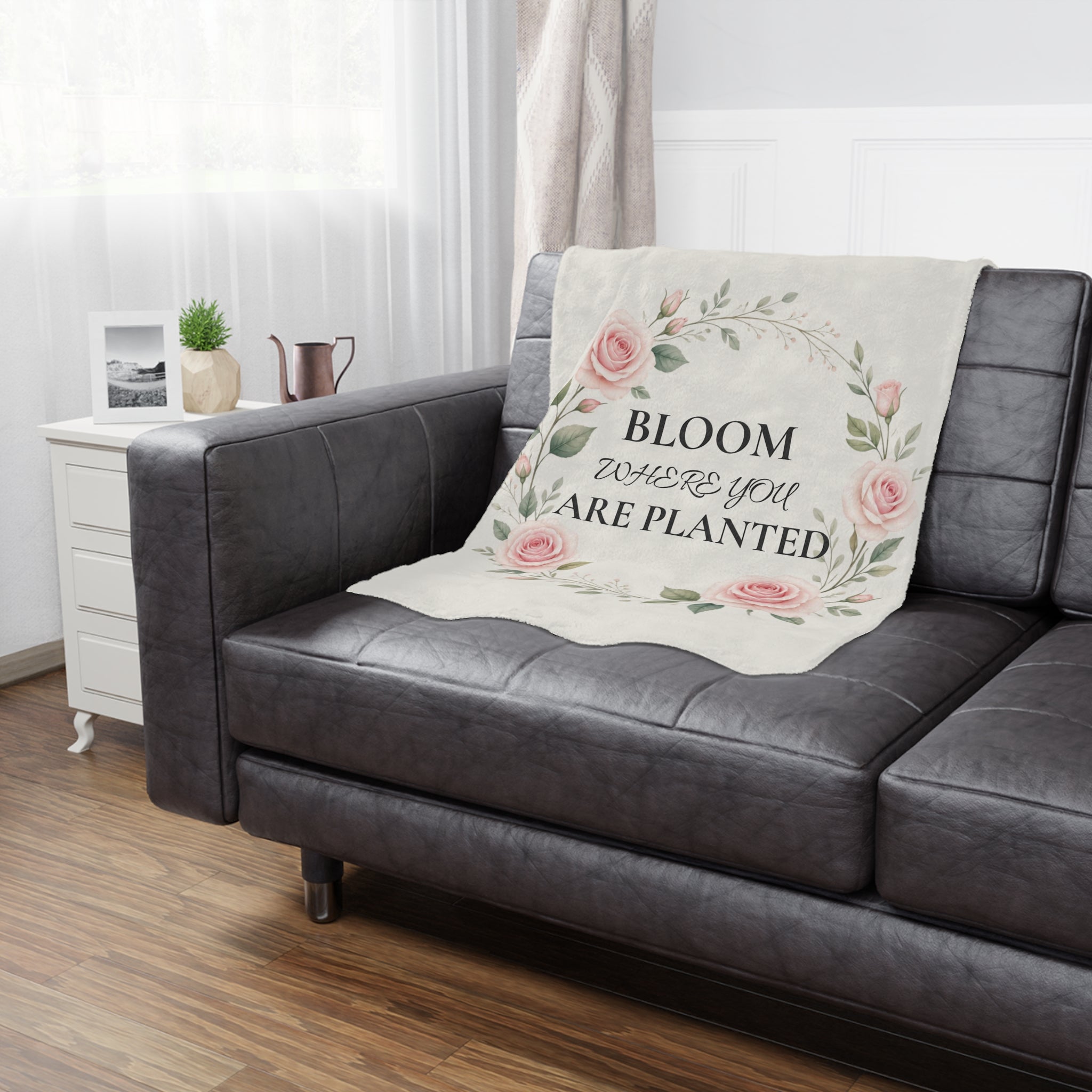 Bloom Where You Are Planted Minky Blanket – Floral Rose Wreath Throw