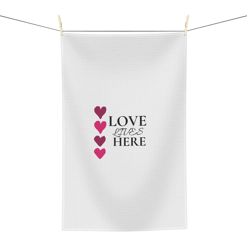 Love Lives Here Microfiber Tea Towel — Heart Stripe Kitchen Towel for Valentine’s Day & Home