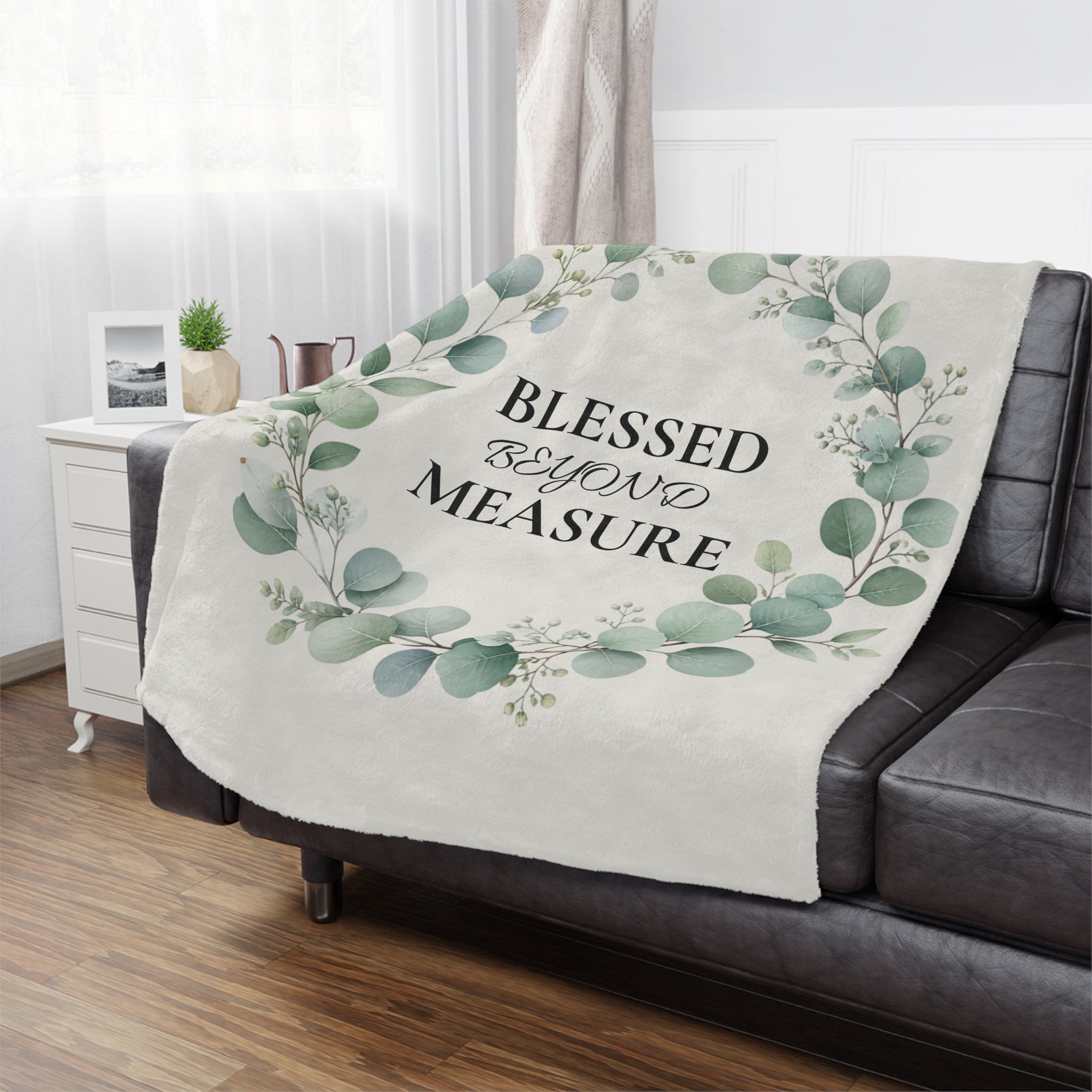 Blessed Beyond Measure Minky Blanket — Floral Eucalyptus Wreath Throw