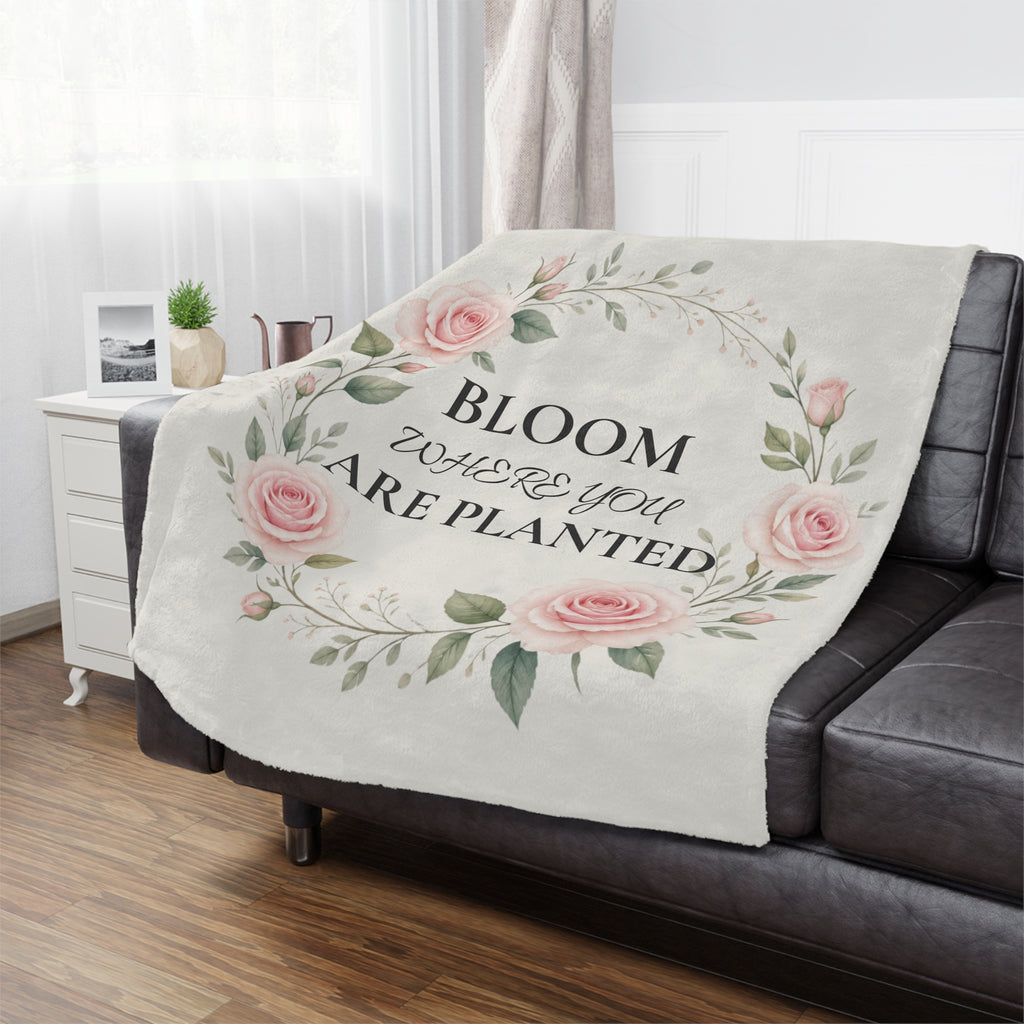 Bloom Where You Are Planted Minky Blanket – Floral Rose Wreath Throw