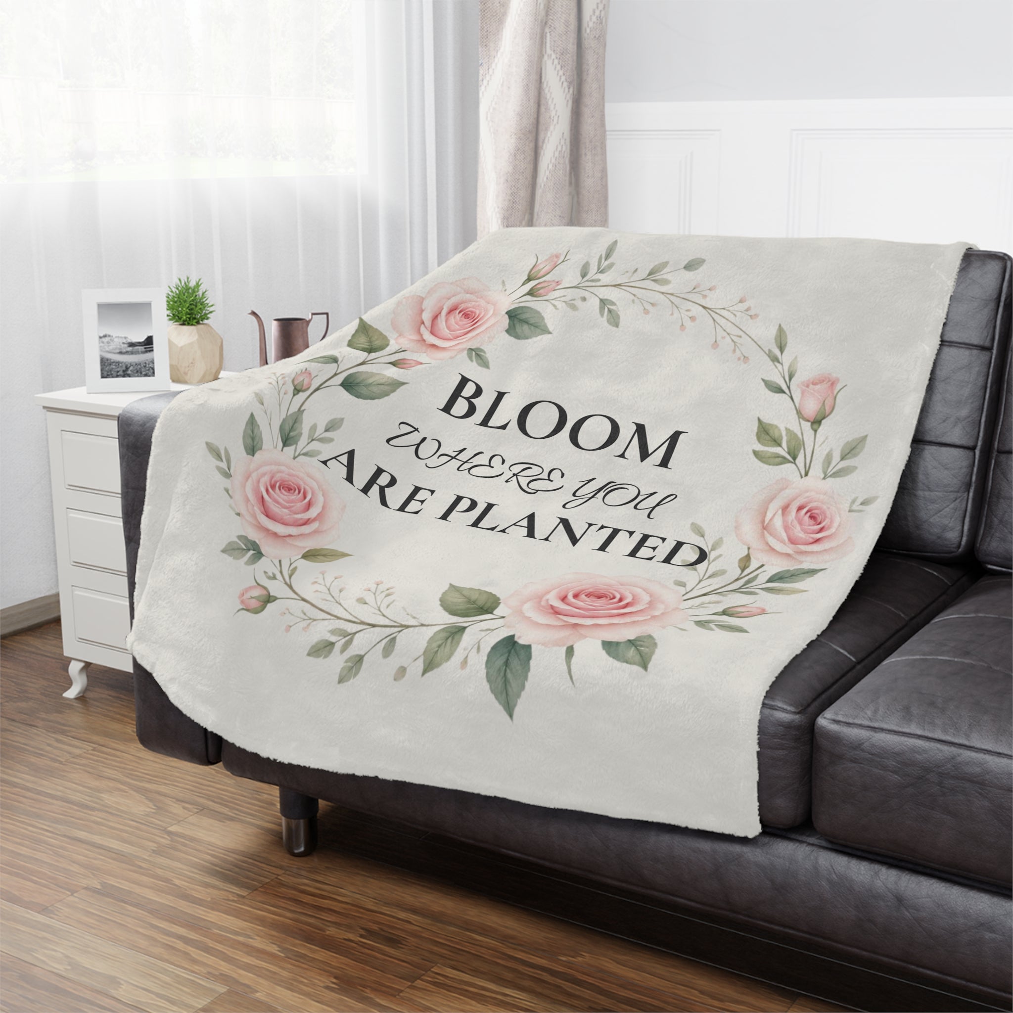 Bloom Where You Are Planted Minky Blanket – Floral Rose Wreath Throw